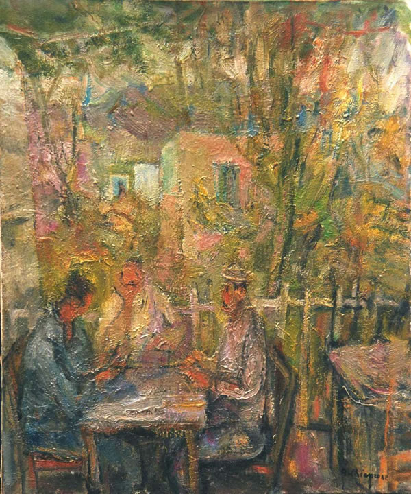 Giocatori di carte con paesaggio, anni ’60, olio su tela cm 60x50, Napoli, già collezione S. Serio